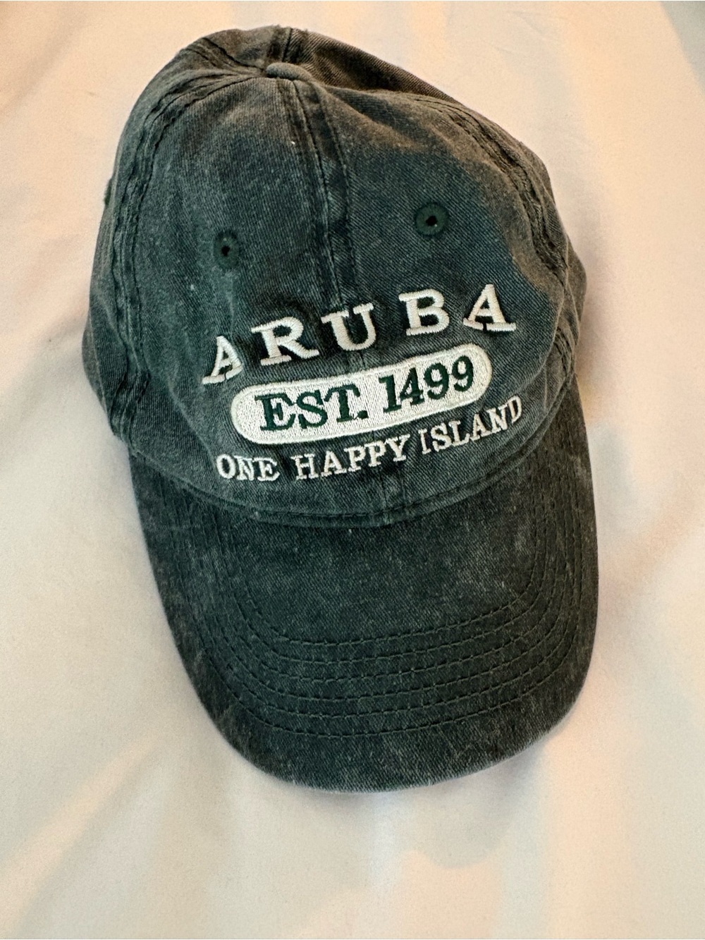 Aruba 'One Happy Island' Embroidered Baseball Cap in Forest green